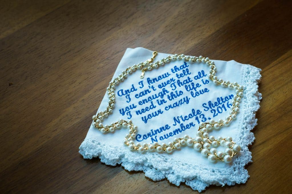 Sentimental napkin with pearls.